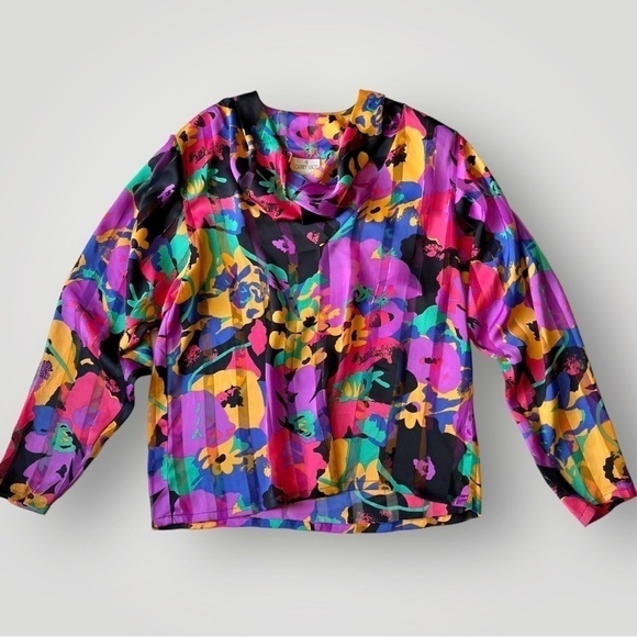 Vintage 80s Carry Back Floral Blouse Top Long Sleeve - Picture 7 of 16